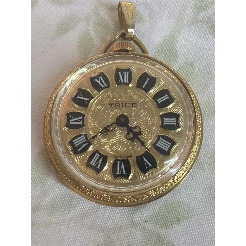 Vintage Trice Swiss Made Pendant Watch Gold Tone Roman Numeral Mechanical RUNS